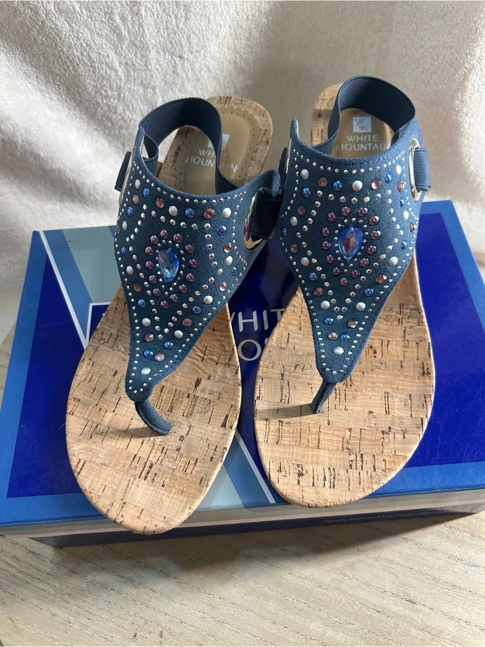 White Mountain Blue Jeweled Cork Wedge Sandals